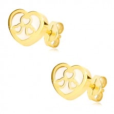Yellow 14K gold studs – heart with natural mother-of-pearl and cuts out