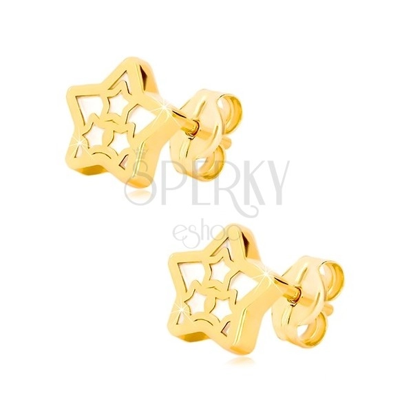 Yellow 14K gold earrings – star contour with star pattern and mother-of-pearl design