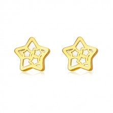 Yellow 14K gold earrings – star contour with star pattern and mother-of-pearl design