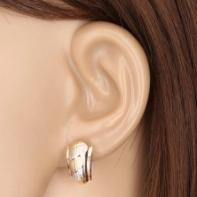 14K gold earrings - asymmetrical arch with stripes and decorative notches