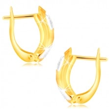 14K gold earrings - asymmetrical arch with stripes and decorative notches