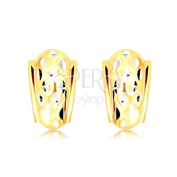 14K gold earrings - atypical arch decorated with small grains made of white gold