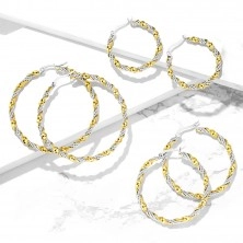 Round steel earrings - wavy ribbon and double chain, bicolour