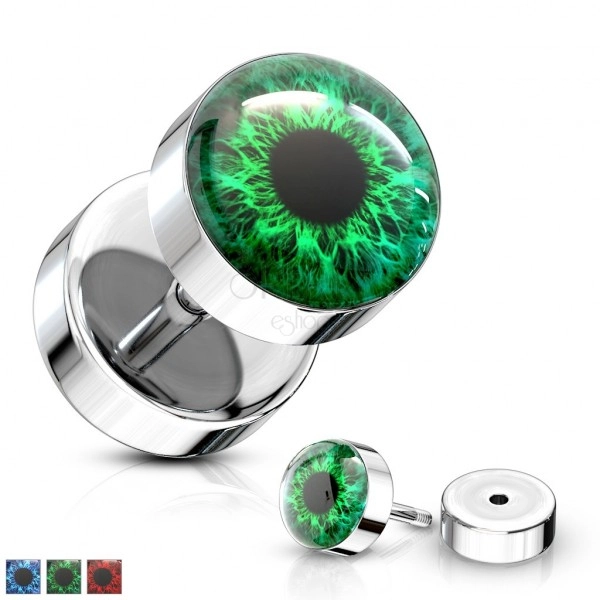 Fake steel plug made of steel 316L - a colorful eye with a black pupil, clear glaze