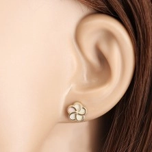 Yellow 14K gold earrings - flower with five petals and natural pearl