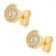 Yellow studs of 14K gold - spiral inlaid with zircons