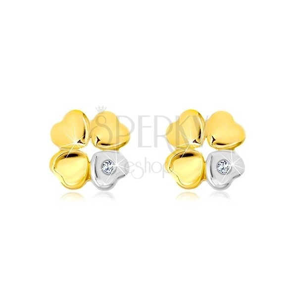 Earrings made of 14K gold - four-leaf for happiness, heart with zircon