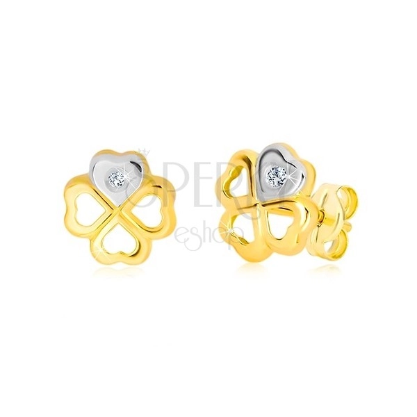 14K gold earrings - symbol of happiness, heart in white gold and a brilliant