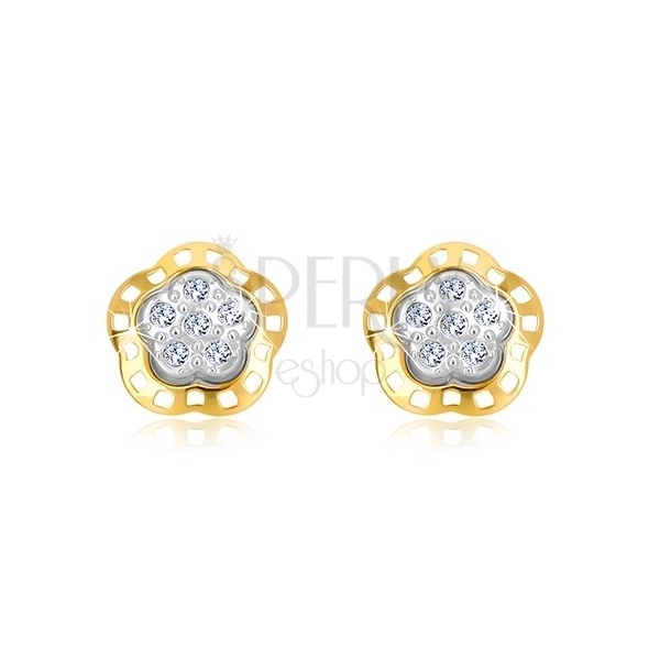Combined 585 gold earrings - decoratively carved flower with zircons