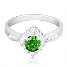 925 silver ring - clear zircon rhomb, round green zircon