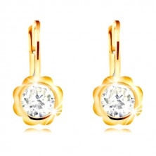 Earring of yellow 585 gold - carved flower with clear round zircon