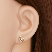 585 gold earrings - two-colour interconnected bands, clear glittery zircons