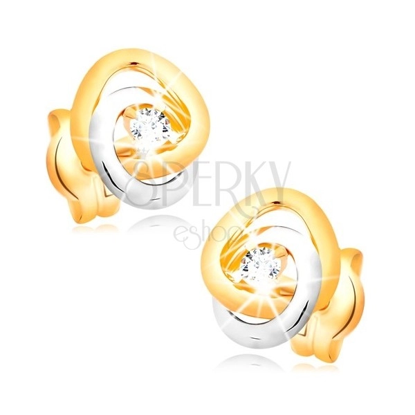 585 gold earrings - two-colour interconnected bands, clear glittery zircons