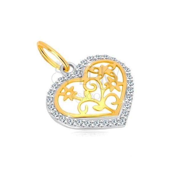 14K gold pendant - heart contour with zircons, decoratively carved centre