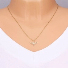 Yellow 585 gold pendant - glossy dragonfly with carved wings, zircon