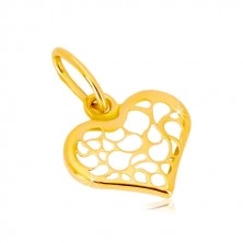 Yellow 14K gold pendant - symmetric heart decorated with filigree