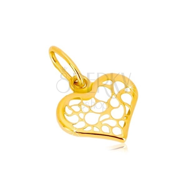 Yellow 14K gold pendant - symmetric heart decorated with filigree