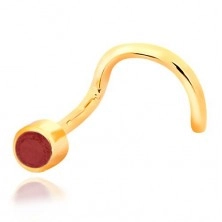 Yellow 14K gold nose piercing - bent shape, red ruby in mount