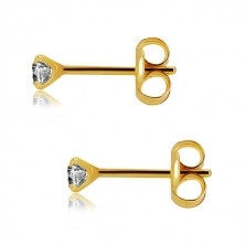 Yellow 375 gold earrings - round cut zircon in mount, 3 mm