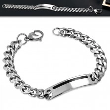 Stainless steel bracelet - glossy plate with black stripe, silver colour, 9 mm