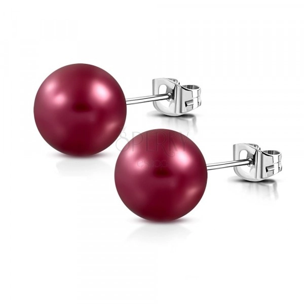 Earrings made of stainless steel - matt dark red synthetic pearl, stud closure
