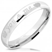 Shiny ring made of 316L steel - inscription "you & me", couple of symmetrical hearts, 3,5 mm