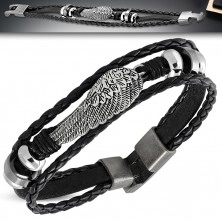 Black bracelet made of synthetic leather - angel wing, braids, beads