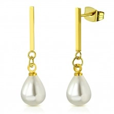 Steel earrings of gold colour - glossy stick with oval synthetic pearl