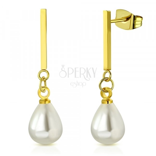 Steel earrings of gold colour - glossy stick with oval synthetic pearl