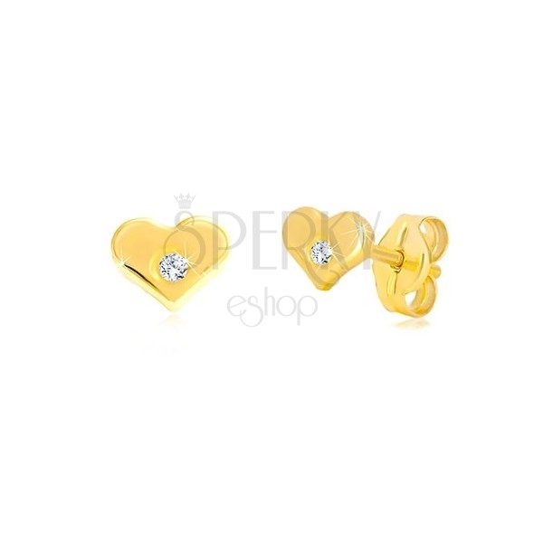 Yellow diamond 14K gold earrings - glossy heart with brilliant