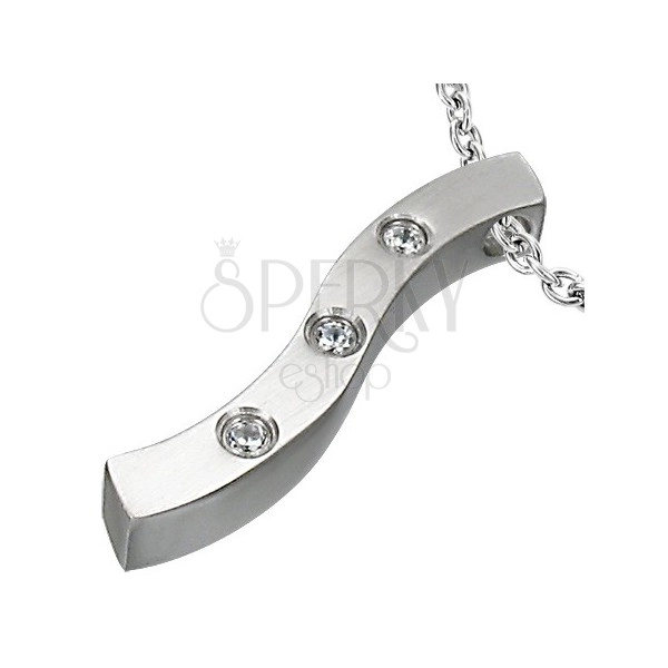 Pendant made of surgical steel, waved strip with three clear zircons