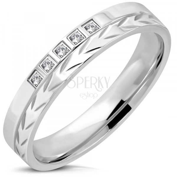 316L steel ring of silver colour – arrow strip, five zircons, 4 mm
