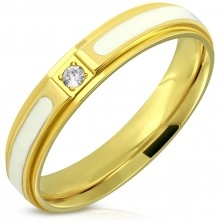 Steel ring – shiny gold surface, white glaze, zircon, 4 mm