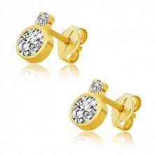 14K gold earrings – shiny ground zircon in a mount, smaller zircon in a mount