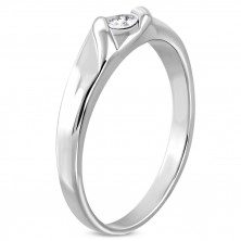 Shiny stainless steel ring - shiny round zircon, two wavy lines