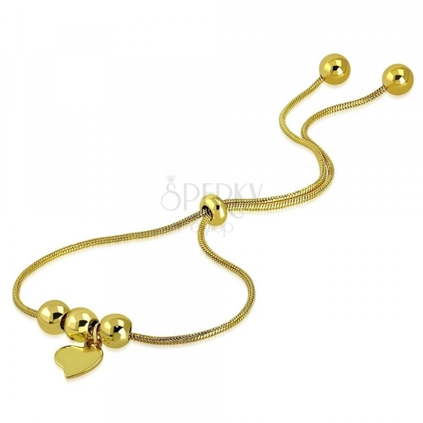 Steel bracelet of gold colour - asymmetrical heart, balls, snakeskin motif