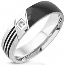 316L steel ring - black half, three cuts, clear round zircon, 6 mm