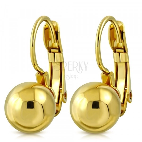 Steel earrings - glossy ball of gold colour, lever back
