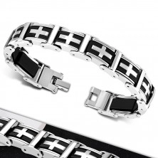 Two-colour bracelet of steel and rubber - multi-links, Latin cross