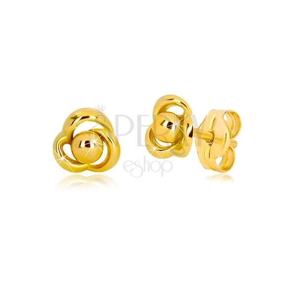 Yellow 375 gold earrings - flower with three petals and ball in the centre