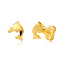 Yellow 9K gold earrings - dolphin in jump, stud fastening