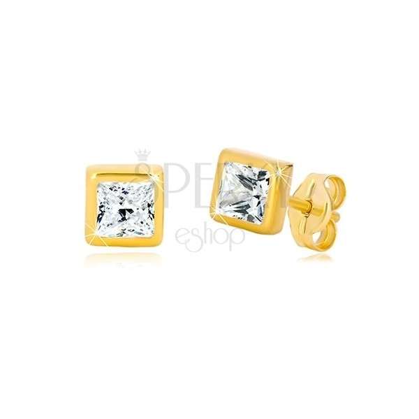 Yellow 9K gold earrings - square contour, cut square zircon of clear colour