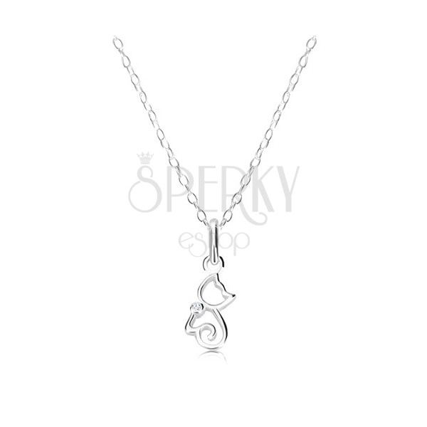 Necklace - cat contour with zircon, chain of oval rings, 925 silver