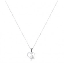 925 silver necklace - fine chain, heart contour and butterfly, zircons