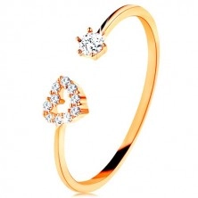 Ring made of yellow 375 gold - shiny shoulders ending in heart contour and clear zircon
