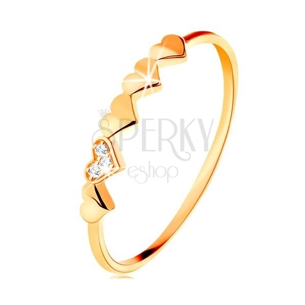 Ring made of 9K yellow gold - small sparkly hearts, clear zircons