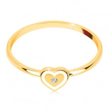 Ring made of yellow 9K gold - heart with white border and clear zircon