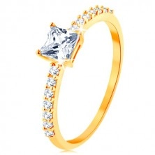 Ring in yellow 9K gold - raised zircon square, lines of clear zircons