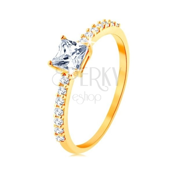 Ring in yellow 9K gold - raised zircon square, lines of clear zircons