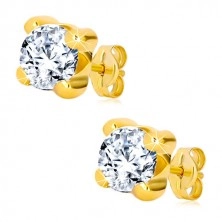 Yellow 375 gold earrings - glittery round zircon in square mount, 6 mm